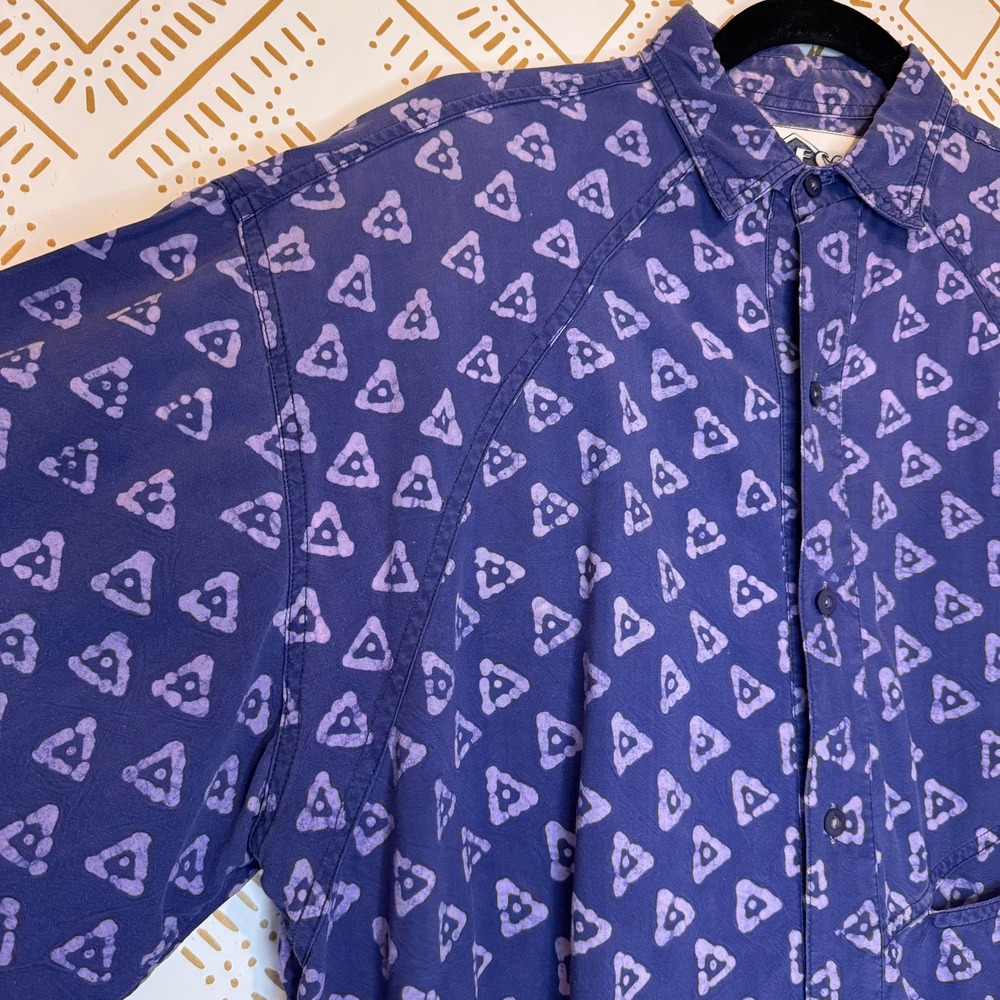 Vintage Button Down Shirt Size M Purple Batik Geometric Cotton Summer Casual - Picture 8 of 13